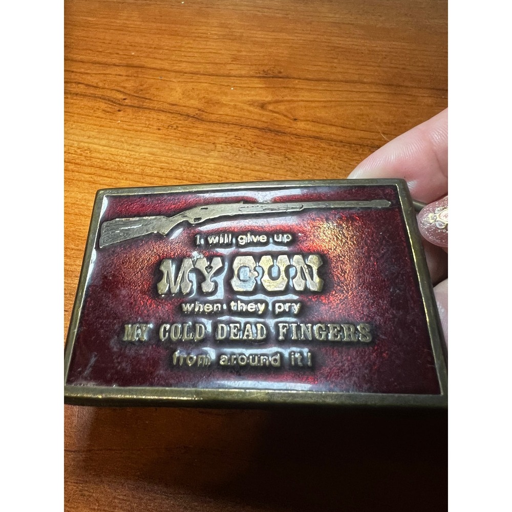 Vintage Koleaco USA Belt Buckle Red Enamel Cold Dead Fingers Rifle Graphic P04